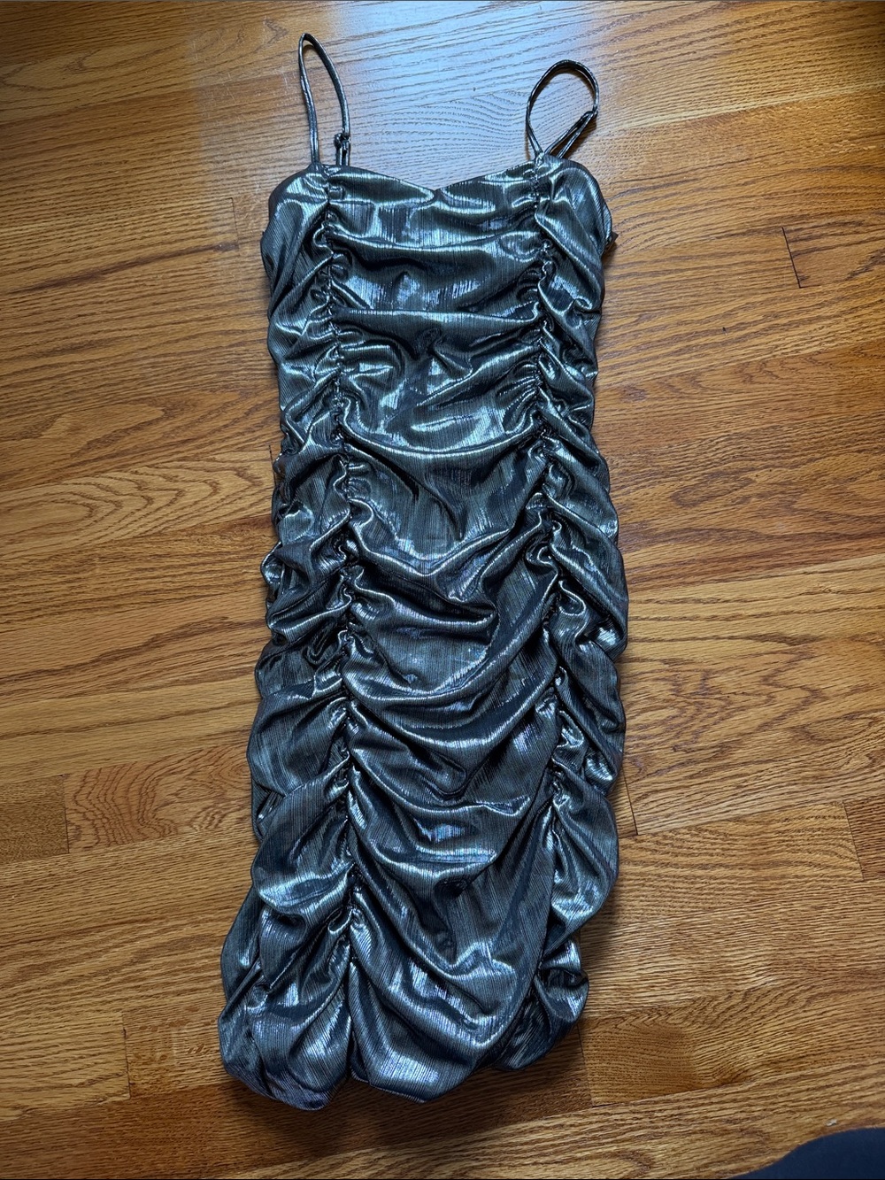 Katie J NYC Metallic Silver Ruched Spaghetti Strap Dress